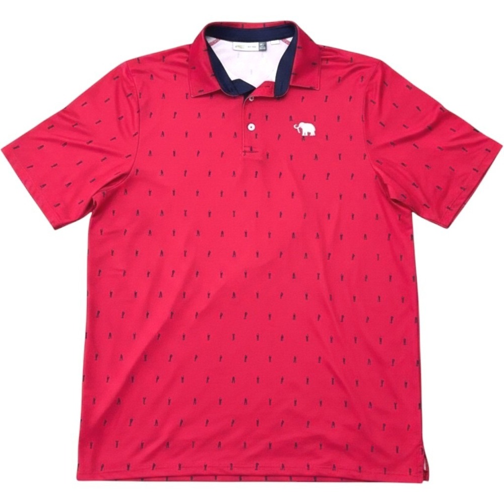 KJUS Men's XL Golf Polo Shirt Red Navy All Over Print Mammoth Performance UPF 50